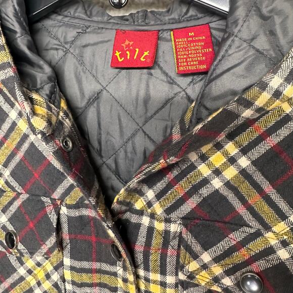 Tilt Plaid Hooded Quilted Jacket Size Medium Black Yellow Flannel Coat - Picture 5 of 7